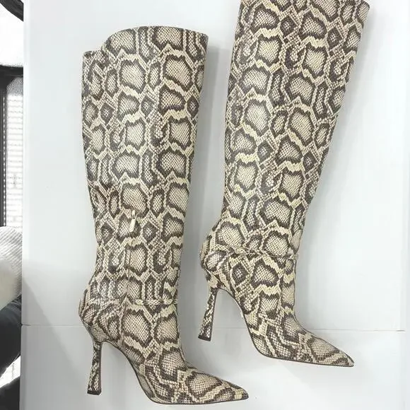 Sam Edelman Elia Knee-High Snakeskin Python Pattern Boots Pointed Toe Stiletto